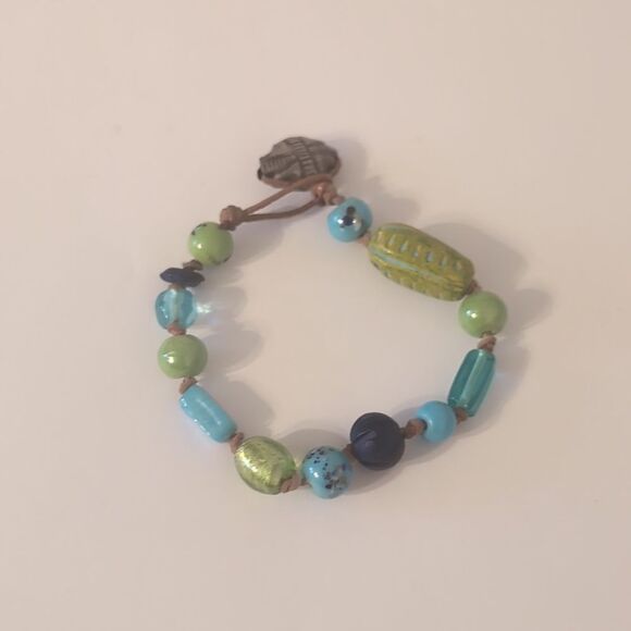 753 Blue and Green Glass Beaded Cuff Bracelet - Picture 3 of 4